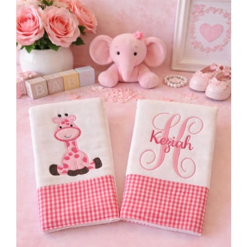 Personalized Baby Girl burp cloth set with Giraffe design, pink gingham monogrammed burping towel, cloth diaper dribble cloth set, burp rag