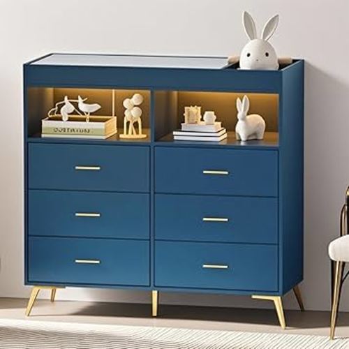 Jojoka Dresser for Bedroom with 6 Drawers, Multi-Functional Nursery Dresser with LED Lights & Charging Station,Baby Changing Table Table with Diaper Changing Station