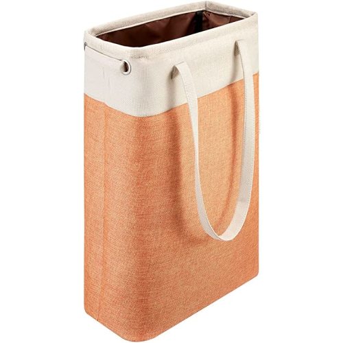 Laundry Basket with Handles Beige&Orange Slim Laundry Bin Collapsible Dirty Clothes Basket Narrow Laundry Bag Foldable Dirty Hamper for Camping, Dorms, Apartments