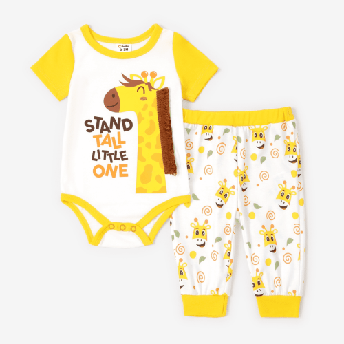 PatPat Baby Girl Boy Clothes for Baby Shower Gift 2pcs Giraffe Print Colorblock Romper and Pants Set Size 3-6M