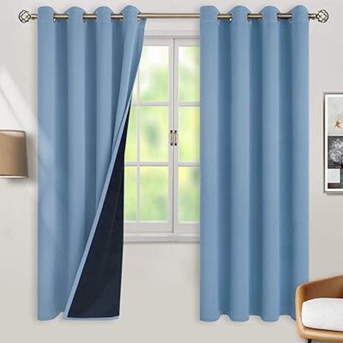 BGment Thermal Insulated 100% Blackout Curtains for Bedroom with Black Liner, Double Layer Full Room Darkening Noise Reducing Grommet Curtain (52 x 72 Inch, Denim Blue, 2 Panels)
