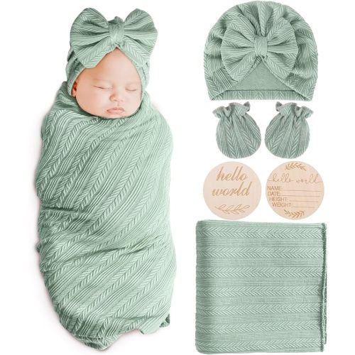 Newborn Receiving Blanket with Bow Hat Mittens Wooden Card Set Wheat-Pattern Newborns Toddler Baby Boy Girl Nursery Swaddle Wrap