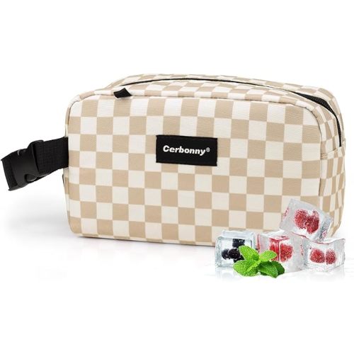 Cerbonny Small Cooler Bag Freezable Lunch Bag for Work School Travel,Small Lunch Bag,insulated snack bag For Adults/Kids,Mini Cooler,Lunch bag small Fit For Yogurt（Khaki Checkerboard
