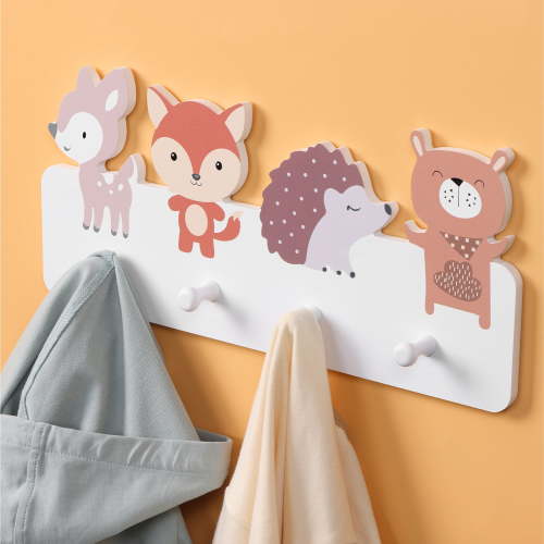 Navaris Wall Mounted Coat Rack - Robust Wooden Bag Rack with 4 Hooks - Decorative Wood Racks Ideal for Kids Bedroom - Easy to Install Clothes Hangers for Walls - Animals Design
