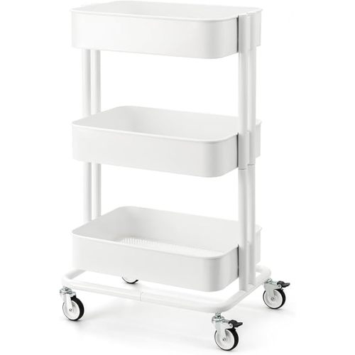 3 Tier Rolling Cart Metal Heavy Duty Utility Cart with Silent Caster Lockable Wheels Multi-Functional Organization Carts Storage Trolley with Mesh Shelves for Office Kitchen Living Room white