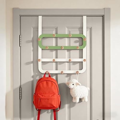 Kids Coat Rack Over The Door - 21.5" Extra Long Over The Door Backpack Hanger Low Reach,14 Wooden Ball Hooks for Kids Room Nursery Bathroom,Cute Purse Bag Towel Organizer
