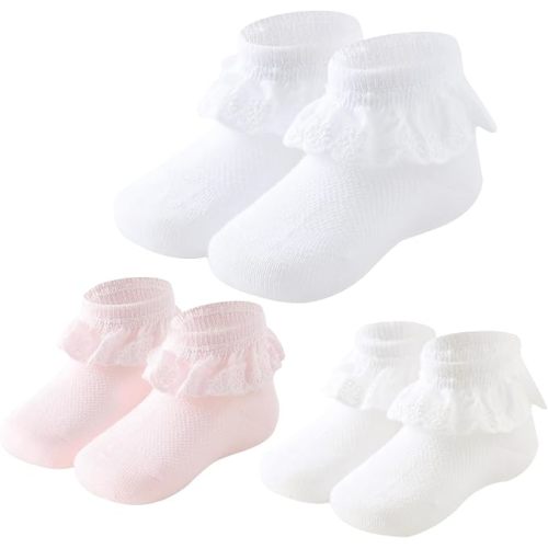 Baby Girls Socks Eyelet Ruffle Lace Frilly Dress Socks for Newborn Infant Toddler 3/6 Pairs