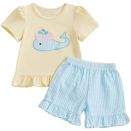 fhutpw Toddler Baby Girls Summer Clothes Smocked Short Sleeve T-Shirt Tops Ruffled Plaid Short Sets Cute Outfits 2Pcs