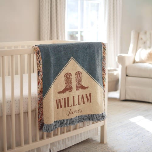 Personalized Cowboy Woven Baby Blanket, Western Cowboy Boys Blanket, Heirloom Blanket, Newborn Name Blanket, Baby Name Blanket, Woven Throw