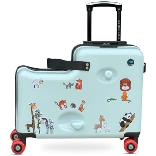 Itsy Rider 20" Ride-on Suitcase for Kids with Double Spinner Red Wheels (Green Safari)
