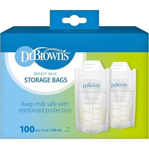 Dr. Brown’s Breast Milk Storage Bags, Disposable and Durable Bags for Freezing & Heating Breast Milk, (100 ct) 6 oz Bags, BPA free