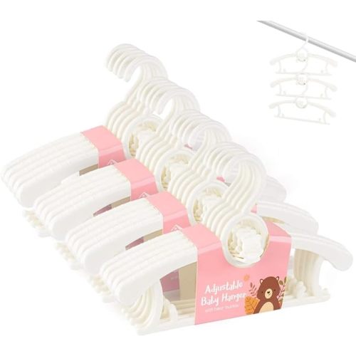 HGYZE Baby Hangers for Closet 20pcs, White Kids Clothes Hanger Plastic, 11-14" Adjustable Bulk Perchas for Newborn, Non-Slip Children Outfit Bear Hanger for Girl Boy Toddler Infant Nursery Clothing