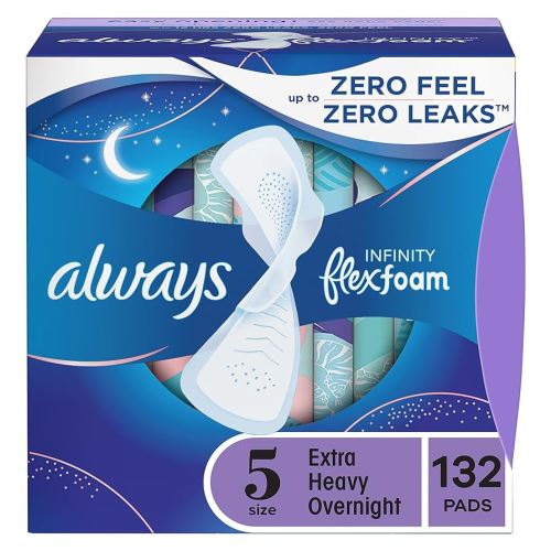 Always Infinity Feminine Pads for Women, Flexfoam Pads with Wings, Size 5, Extra Heavy Overnight Absorbency, Unscented, 132 Count (6 Packs of 22)