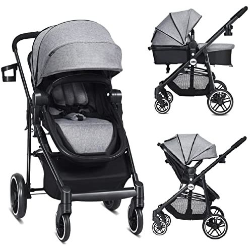 INFANS 2 in 1 Baby Stroller, High Landscape Infant Stroller & Reversible Bassinet Pram, Foldable Pushchair with Adjustable Canopy, Cup Holder, Storage Basket, Suspension Wheels (Volcanic Ash)