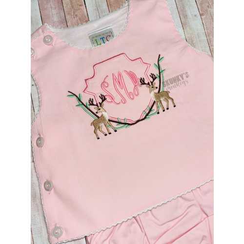 Girls Monogrammed Summer Outfit, diaper set, Personalized Embroidered Vintage Bloomer set with crochet detail, Baby Deer Crest, Hunting