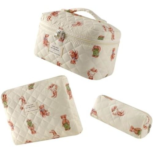 uekeboag Large Travel Quilted Makeup Bag for Women, Floral Cotton Cosmetic Bag, Coquette Aesthetic Floral Toiletry Organizer Bag
