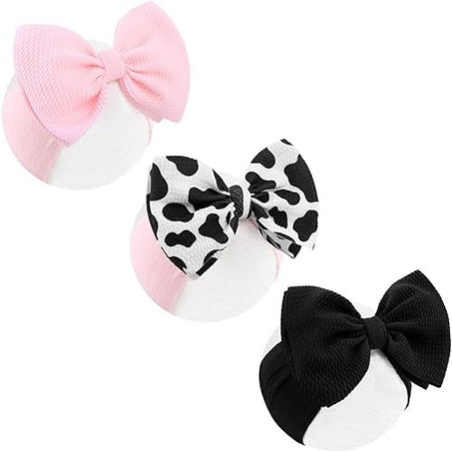 Moo Cow Print 6’’ Hair Bows for Girls Cowgirl Accessories Newborn Infant Toddler Baby Girl Headbands Black & Pink Bow Baby Wrap