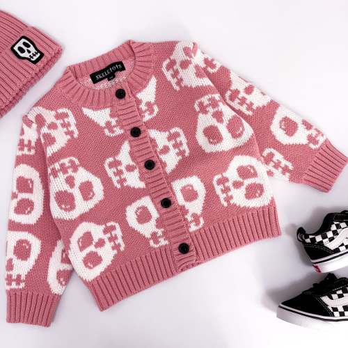 SKELLY SKULL CHUNKY KNIT DUSKY PINK CARDIGAN