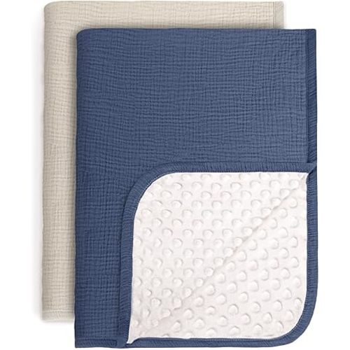 lulumoon Baby Blankets for Boys Newborn: Muslin & Minky Dotted Backing - Thermal Receiving Blanket for Stroller & Registry Gift 2Pack 30"x40"(IvoryBlue)