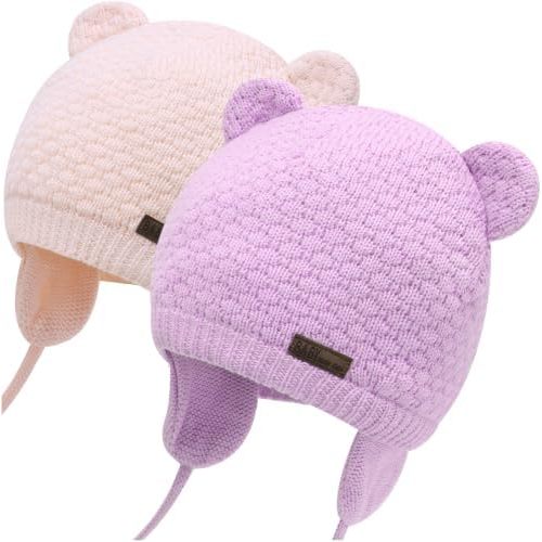 Duoyeree Baby Winter Hat, Bear Knit Earflaps Cotton Lined for Toddler Kids