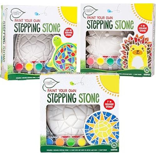 Creative Roots Mosaic Turtle, Hedgehog, & Sun - 3-Pack 7-Inch Ceramic Stepping Stones & 6 Vibrant Paints, Paint Your Own DIY Stepping Stones for Kids Ages 8+