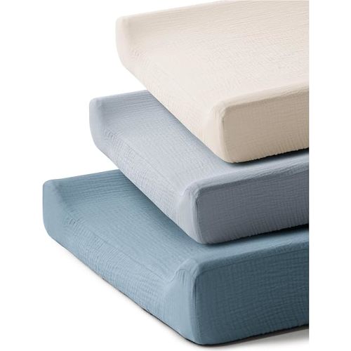 3 Pack Muslin Changing Pad Covers for Girl Boy, 100% Soft Cotton Changing Table Cover, Breathable Baby Nursery Diaper Chang Pad Sheets (Blue)