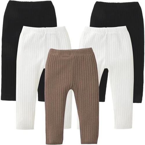 DREAM BUS 5 Pack Toddler Girl Pants Baby Girl Solid Ribbed Pants Toddler Girls Bottoms Leggings Newborn Cotton Jogger