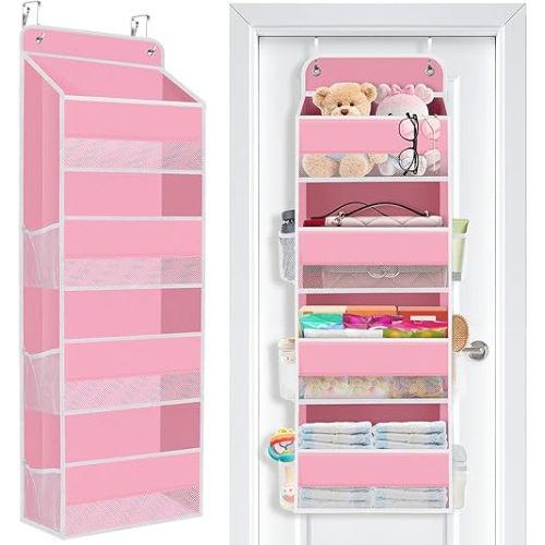 SpaceWhisper Over the Door Organizer, 4 Large Pocket Hanging Storage Organizer with 40lb Capacity, Space Saving for Nursery, Bathroom, Bedroom, Closet - Baby Essentials & Toiletry Organizer (Pink)