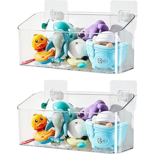 Bath Toy Storage Holder, Clear Bath Organizer Wall Mounted, Large Opening Shower Storage Basket for Bathtub (Clear 2 Pack)