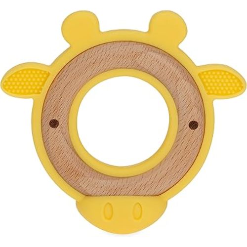 Nuby Natural Wood Teether with Soft Silicone, Minimalist Design Easy to Clean, Giraffe Yellow