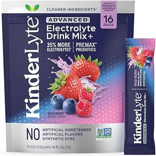 Kinderlyte Advanced Electrolyte Powder for Kids and Adults - Drink Mix Hydration Packets (Wild Berry, 16 Count), with PreMax Prebiotics, No Artificial Sweeteners or Flavors, No Synthetic Dyes