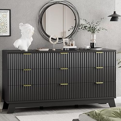 Fluted Dresser for Bedroom with 9 Drawers, 57" Wide Chest of Drawers with Metal Handle, Modern Wood Dresser TV Stand, Wooden Closet Clothes Storage Organizer for Living Room, Hallway, Black