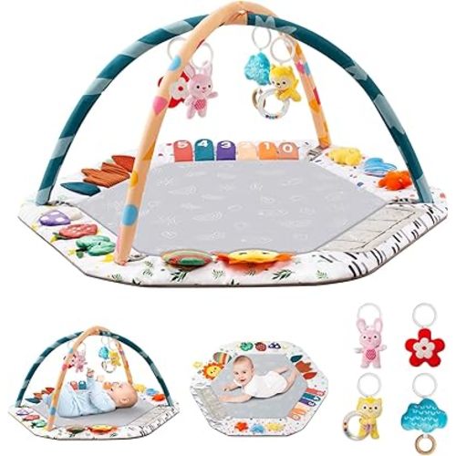 Baby Play Gym Mat 6 Development Zones Baby Tummy Time Mat Baby Activity Pad with 4 Detachable Toys for Motor Skill Sensory Development Gym for Baby Essentials Gift