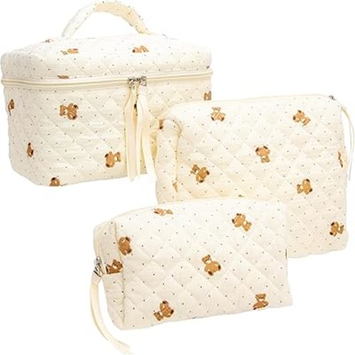 PAZIMIIK 3PCS Makeup Bag SET Large Travel Quilted Zipper Soft Cosmetic Case Pouch for Women Girls Make Up,Gauze Bear