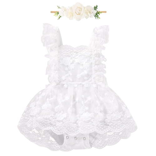 IBTOM CASTLE Baby Girls Lace Bodysuit Boho Clothes 1st Birthday Cake Smash Outfit Newborn Photography Outfits Summer Sunsuit 12-18 Months White Embroidery Lace