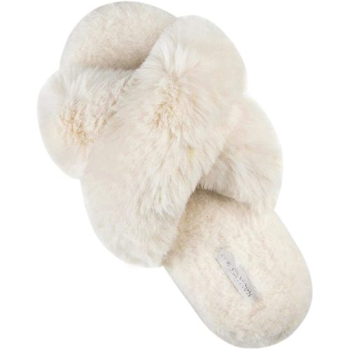 HALLUCI Women's Cross Band Soft Plush Fleece House Indoor or Outdoor Slippers