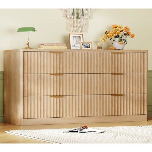 Fluted 6 Drawer Dresser for Bedroom, Wide Modern Chest of Drawers with Metal Handle, Curved Profile Design, Wood Closet Clothes Storage Organizer for Bedroom, Hallway, Natural
