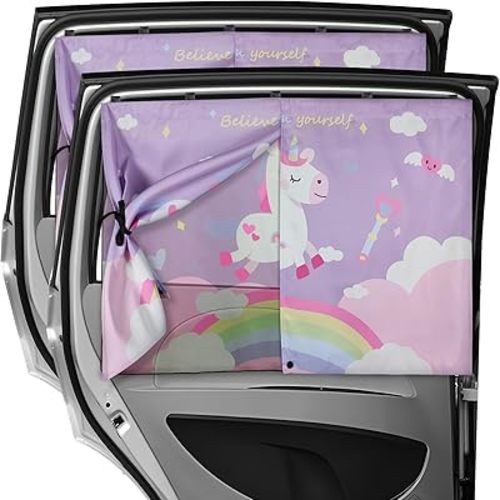 Car Window Shades, 2 PCS Magnetic Double Layer Car Sun Shade for Side Windows Privacy Full Covers/Half Shade Options Unicorn Patterns Car Window Curtains for Baby Protection