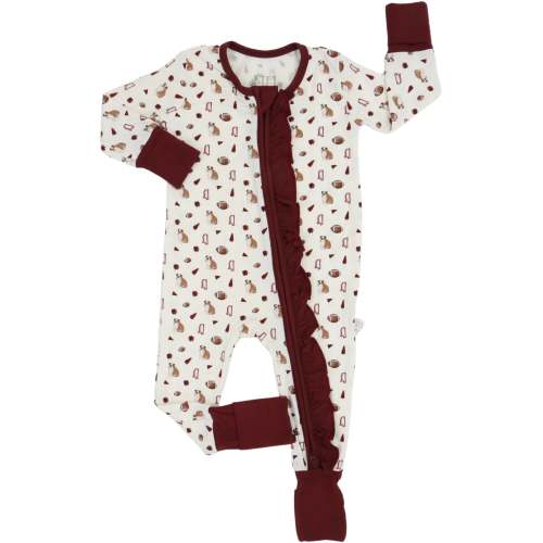 Girls Ruffle Maroon Bulldog Zipper Romper