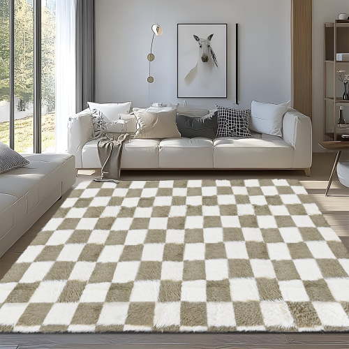 Pentantan 5ft x 8ft Shag Area Rugs for Living Room, Classic Checkered Fluffy Bedroom Carpet, Beige & White