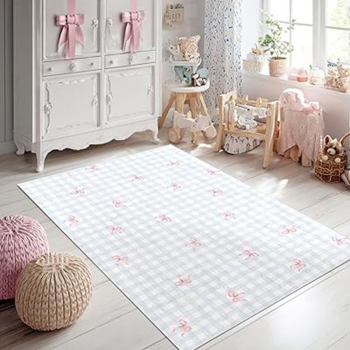 5x7 Area Rugs with Bow Pattern, Washable Rug for Girls Bedroom, Non-Slip Small Living Room Carpets, Baby Bedside Indoor Rug, Stylish Decor for Girl Couples Pet