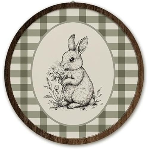 IORAFOUDUO Vintage Easter Bunny Framed Wall Art Decor, Nursery Wall Art Sage Green Rabbit Round Wall Hanging Decor for Kids Toddler Room Bedroom Playroom, 10x10 inch