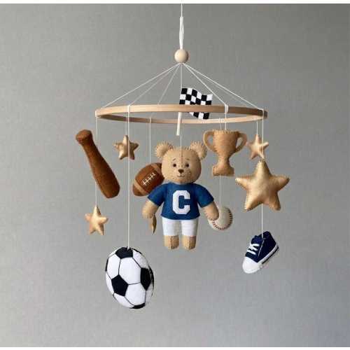 Vintage Sport Nursery Mobile, Football Teddy Bear Mobile, Soccer Bear Mobile, Sports Nursery Decor, Baby Boy, Shower Gift Idea, New Mom Gift