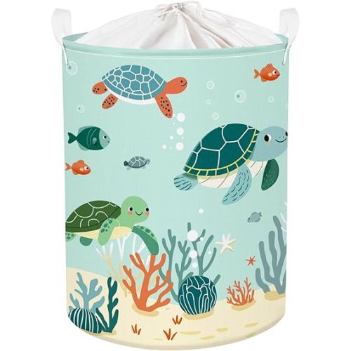 Sea Animals Laundry Hamper Ocean Fish Coral Large Storage Basket Parents Organizer Kids Clothes Toy Bins for Bedroom, Bathroom, Green Turtles, 63L