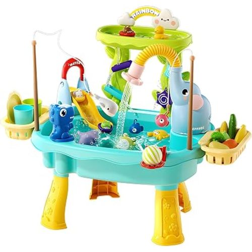 4-in-1 Sand Water Table for Toddlers 1-3, Kids Sensory Table with Electric Water Pump & Elephant Faucet, Play Kitchen Sink with Food Accessories, Fishing Toy (Blue)