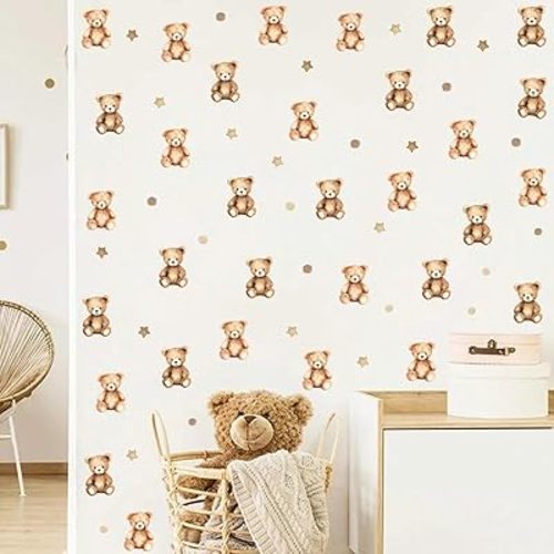 Watercolor Brown Bear Wall Decal, Lovely Bear Stars Vinyl Wall Stickers, Removable Bearly Wait Baby Shower Artwork Kids Bedroom Playroom Nursery Decor