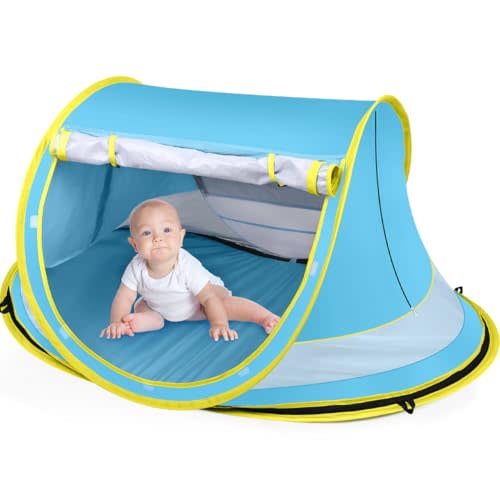 Kapeazo Baby Beach Tent, Pop Up UV Sun Shade for Infant Toddlers (Blue) | Portable Baby Beach Essentials, Sun Shelter for Travel, UPF 50+, Breathable Mesh, Infant Sleeping Tent for Parks and Camping