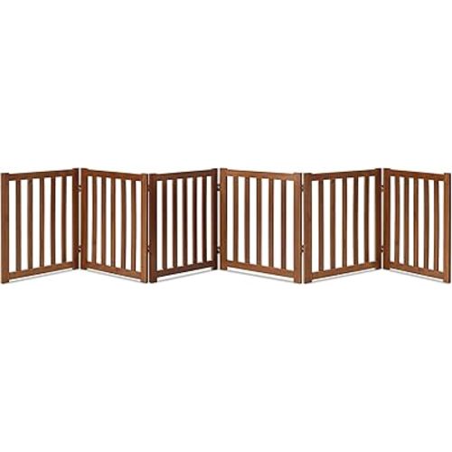 LZRS 6-Panel Extra-Wide Freestanding Wooden Dog Gate Indoor – 24”High Foldable Safety Pet Barrier for Doorways, Hallways, Kitchens, and Long Staircases, Durable Design fit Small to Medium Dogs, Oak