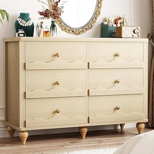 Cyclysio 6 Drawer Dresser for Bedroom, 43" Modern Chest of Drawers for Bedroom, Dresser Organizer with 6 Storage Drawers, Drawer Organizer Storage with Scalloped Front for Living Room, Natural Oak