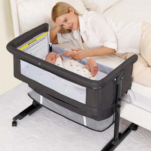 kmaier Baby Bassinet Bedside Crib Foldable Portable with Adjustable Height, Wheels, and Storage Basket,Dark Gray